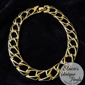 Vintage Gold Tone Black Enamel Chunky Chain Necklace Statement 16”
